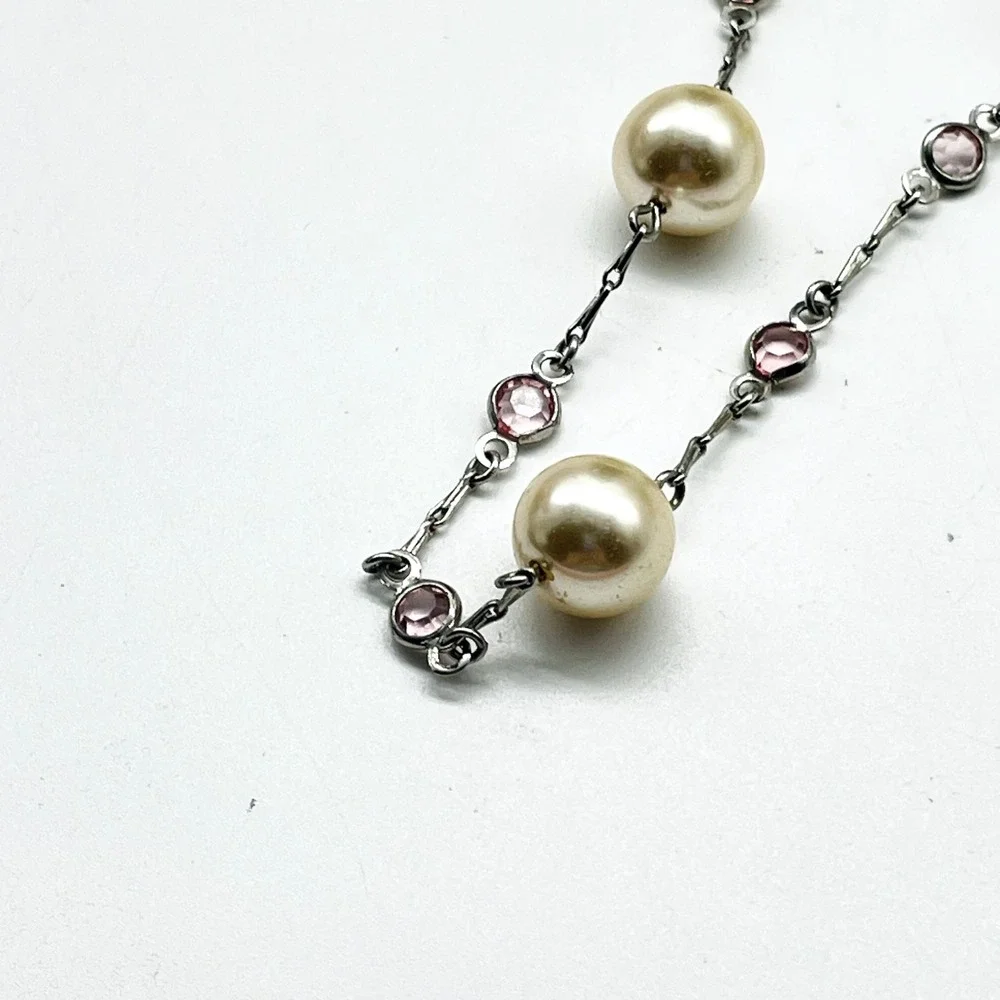 Signed Monet Necklace Silver Tone Pink Rhinestone Faux Pearl Station Vintage